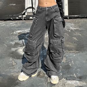 Women's Jeans Cargo Pants Vintage Street Distressed Wash Baggy Clothing Casual Wide Leg High Waisted Woman 230224