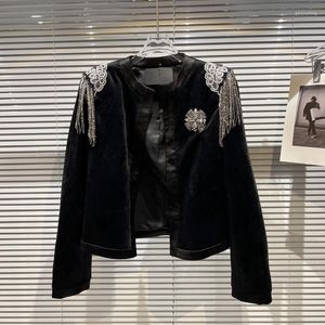 Frauenjacken 2023 Herbst Blazer -Mäntel für Frauen elegante Perlen Perlen -Perlen Wildleder kurzer schwarzer Blazer Anzug Mujer