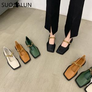 Dress Shoes SUOJIALUN 2022 Autumn Flat Heel Women Loafer Fahion Square Toe Slip On Shallow Ballerina Female Ballet Zapatos Muje 230224