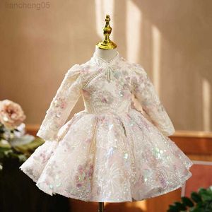 Girl's Dresses Children's Party Ball Gown Pearls paljetter Design Kids Bröllop Födelsedagsdop Prom Princess Tutu Dress for Christmas Eid A2081 W0224