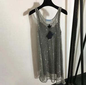 23ssshiny Rhinestone Mesh Vest Dresses With Base Kirt Designer Ladies Party Night Club Silver Dress