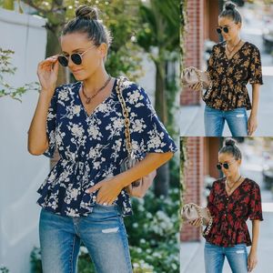 Damenblusen Sommerbluse Frauen 2023 Hemd Aufflackernärmel Blumen Schwarz Blau Gelb Rot Weiß Tops Chiffon Niedliche Freizeithemden für Mädchen