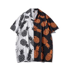 Men's Casual Shirts Men's Hawaiian Beach Shirts Summer New Vintage Korean Shirts Fashion Black White Patchwork Pineapple Printed Short Sleeve Shirt Z0224