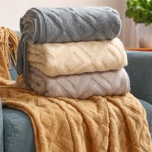 Blankets Textile City DiamondShaped Cashmere Sofa Blanket Solid Winter Thickened Knitting Tassels Blanket Office Nap Jacquard DIY Towel 230223