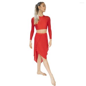 Stage Wear Red Nylonlycra Long Sleeve Dance Crop Top Mesh Uneven Skirts Performance Dancewear Sets 13 Colors Children Adult Sizes