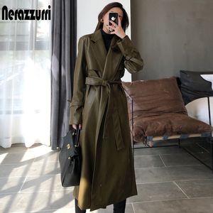 Womens Jackets Nerazzurri Autumn long oversized leather trench coat for women sleeve sashes Loose faux coats fashion 230224