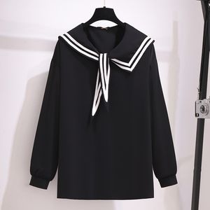 Women's Plus Size T-Shirt 150Kg Plus Size Spring Sailor Collar Chiffon Shirt Bust 158cm 5XL 6XL 7XL 8XL 9XL Loose Simple Long-Sleeved Striped Pullover Top 230224