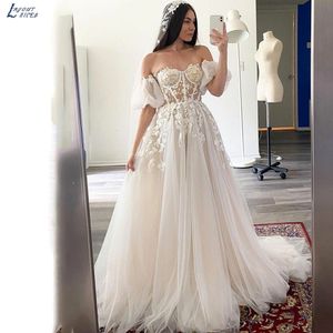 Sukienki imprezowe Boho Wedding Odłączane rękawy Puff Kości Kości Korset Vestidos de novia koronkowe aplikacje panny młodej suknie 230224