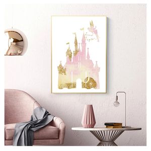 Pink Watercolor Art Canvas Painting Picture Nordic Poster Daughter Gift Nursery Wall Decor Princess Castle Fairy Tale Print Woo