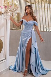 Party Dresses Sky Blue Evening Dress Gleats Off Axel Sweetheart A Line Elastic Satin High Slit Ruffles Prom Gown Elegant Women's Dresses 230223