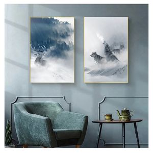 Canvas Painting Forest Snow Mountain Modular Pictures for Living Room Home Cuadros Decoartion Nordic Animal Poster Wolf Elk Woo