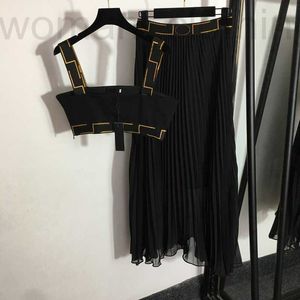 Designer Donna Abiti neri Gilet Top sexy Halter Abito ricamo creativo Camis femminile Set