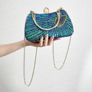 2023 neue Frauen Pailletten Clutch Taschen Pfau Hochzeit Abendessen Geldbörse Party Perle Haspe Taschen Mit Kette 2 Farben Drop Shipping 230224