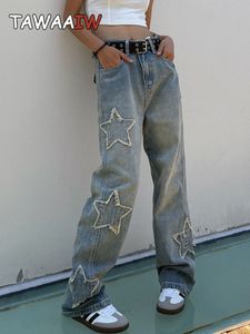 Jeansy damskie Tawaaiw Streetwear niebieski Pentagram wysokiej talii Y2k koreański styl Hip Hop proste Denim Boyfriend dla kobiet spodnie 230224