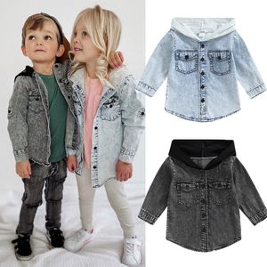 Hoodies Sweatshirts FOCUSNORM 0-5Y Autumn Toddler Boys Girls Coat 2 Colors Solid Denim Long Sleeve Single Breasted Patchwork Hooded Jackets 230223