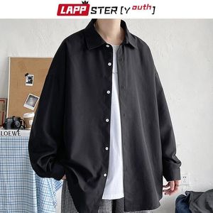 Mens Casual Shirts Lappsteryouth Korean Fashion Black Long Sleeve Shirts Mens Harajuku Black Overdized Shirt Button Up Shirts Bluses 5xl 230224