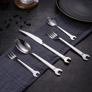 Forks 6pc set Creative Wrench Shape Tea Fork 304 Stainless Steel Dinner Spoon Coffee Cutlery Set Tableware Family Camping Kitchen 230224