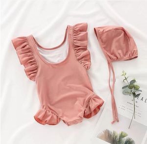 Swimsuit Girls summer one-piece swimsuit solid color wooden ear edge swimsuit