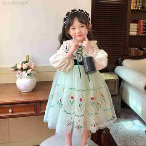 Girl's Dresses 2023 New Partysu Girls Spring And Autumn Doll Collar Frozen Princess Anna Long-sleeved Dress Children's Lolita Light Green Skirt W0224