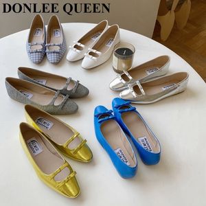 Kleid Schuhe 2022 Sommer Gold Splitter Wohnungen Ballett Frauen Mode Süße Bogen Knoten Ballerinas Runde Kappe Mary Jane Damen Loafers mujer 230224