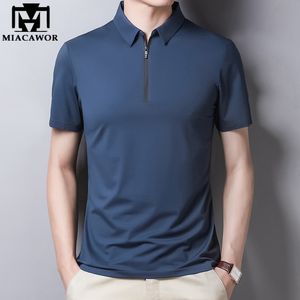 Men's Polos Classic Solid Color Polo Shirt Men Silk Cotton Summer Short Sleeve Tee Shirts Homme Slim Fit Casual Zipper Camisa Polo T1014 230224