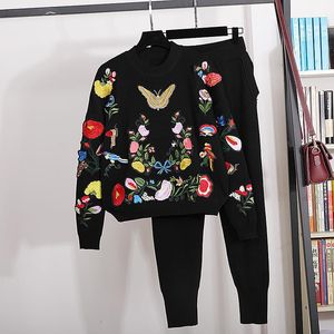 Frauen zwei Stück Hosen schwarzer Schmetterling Stickblumen gestrickt Trailsuits Frauen Outfit