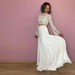 Wedding Dress Elegant Detachable Skirt 2 Pieces High Neck Long Flare Sleeve Lace Appliques Satin Bride Gown Vestidos De Noiva