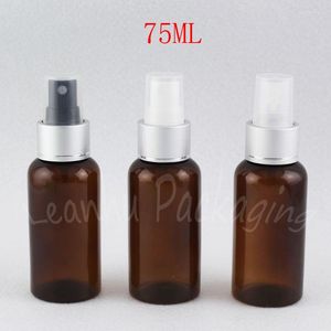 Storage Bottles 75ML Brown Round Shoulder Plastic Bottle With Silver Spray Pump 75CC Empty Cosmetic Container Toner / Water Sub-bottling