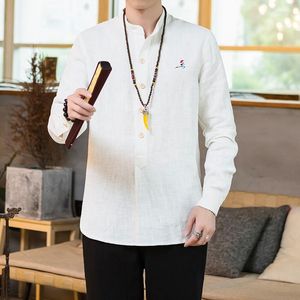 Camicie casual da uomo Manica lunga da uomo Colletto alla coreana ricamato cinese Top Primavera e autunno T-shirt di lino retrò Hanfu Abbigliamento