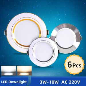 Downlights OK-B 6 Stück Downlight 3W 5W 9W 12W 15W 18W Spot AC 220V Gold Silber Weiß Ultradünnes Aluminium Runde Einbau-LED-BeleuchtungDownlights