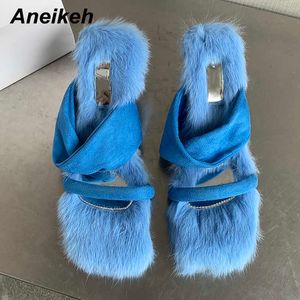 Sandali Aneikeh Sexy Open Toe Shallow Ladies Dress Party Fur Mules Thin High Heel 2023 Summer Fashion Slip-On Outdoor Shoes Blu Y2302