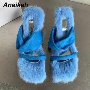 Sandálias aneikeh sexy de pé aberto ladras rasas vestido festas pêlas finas salto alto 2023 Summer moda slip-ot sapatos ao ar livre azul y2302