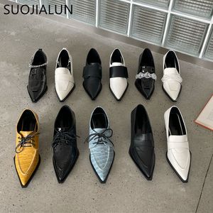 حذاء اللباس suojialun 2022 العلامة التجارية مضخات الأزياء منخفضة جولة الكعب السيدات slingback مدببة اصبع القدمين