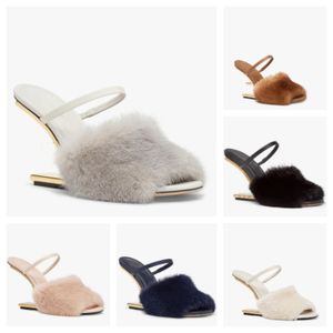 New Luxury Brand First Women Sandals Shoes Black Fur Strap Gold-colored F-shaped Sculpted Heels Lady Wedge & Mules Sexy Peep Toe Slippers Shoe EU35-43