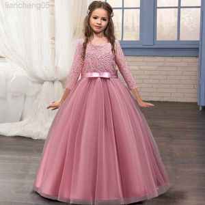 Flickans klänningar 2023 Summer Long Sleeve Bridesmaid Kids Dresses For Girls Elegant Princess Dress Clothes Wedding Party Girl Dress 14 10 12 Years W0224