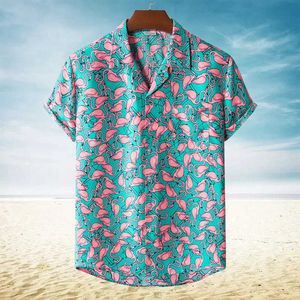 Men's Casual Shirts Summer men's flamingo print Hawaiian summer beach party short-sleeved holiday clothing Z0224