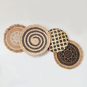 Wall Stickers Nordic Style Round Minimalist Straw Decorations Woven Pattern Bohemian Ethnic Living Room Decoration 230225