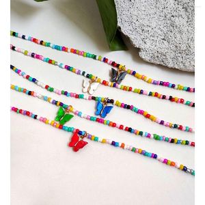 Pendant Necklaces Y2K Handmade Butterfly Necklace Mix Candy Color Acrylic Glass Rice Beaded For Women Vacation Jewelry Gift 2023