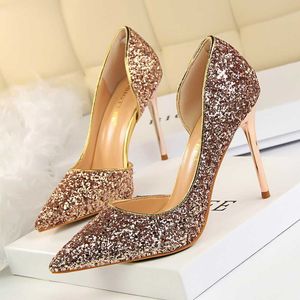 Women's Dress Shoes High heels Style Sexy Nightclub w Thin Shallow Mouth Pointed Side Hollow Sequin Single