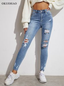 Jeans da donna Azzurro Jeans skinny sexy da donna Jeans elasticizzati con risvolto strappato Pantaloni in denim con foro Abbigliamento da donna Pantaloni stretti da ragazza Y2K Streetwear 230225