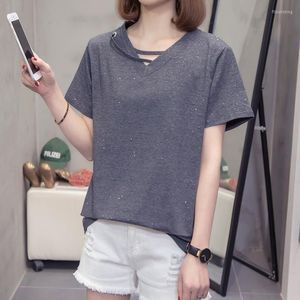 Women's T Shirts Nkandby Women 2023 Summer Fashion V-neck Short Sleeve Oversize T-shirt Shining Cool Cotton Korean Tops Female Clothes