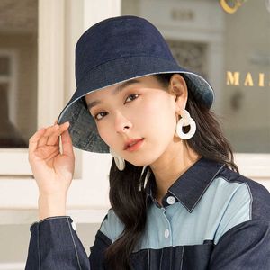 HBP Wide Bucket Brim Hats for Women Outdoor Travel Panama Fisherman Cap Double Sided Wear Flat Top Sunbonnet Fashion Denim Basin Hat Black Blue P230327