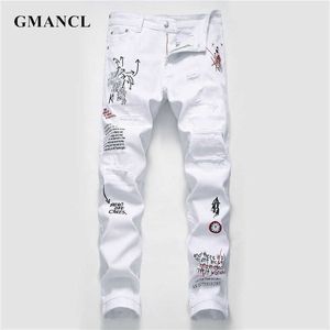 Herr jeans nya män streetwear personlighet rippade tryckta vita mager jeans hip hop punk casual motorcykel stretch denim jeans byxor z0225