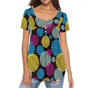 여자 T 셔츠 원형 추상 기하학적 색상 맞춤형 그래픽 발렌타인 버튼 짧은 슬리브 여름 여자 상단 미학