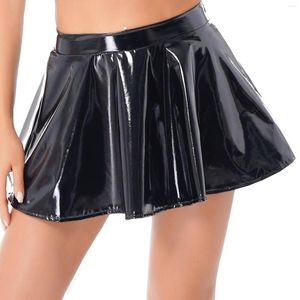 Skirts Glossy Patent Leather Flared Miniskirt Womens Invisible Zipper A-Line Short Mini Rave Party Outfit Pole Dance Clubwear