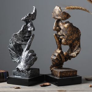 Decorative Objects Figurines Nordic Silence Is Gold Statue Resin Abstract Sculpture Figurine Home Decoration Modern Art Office Desk Wedding Gifts 230224