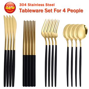 Dinnerware Sets Tableware Set Stainless Steel Cutlery Golden Chopsticks Knife Fork Spoon Flatware Black Dinnerware Silverware Luxury Cutlery Set 230225