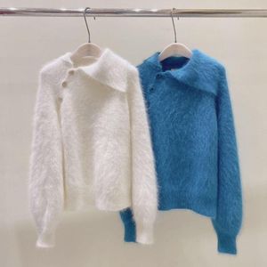 Damenpullover JSXDHK Hochwertige koreanische Designer Winter Mohair Strickpullover Mode Frauen Umlegekragen Seitenknopf weich warm