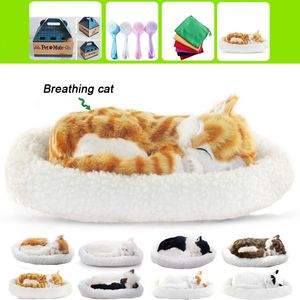 Decorative Objects Figurines Simulation Breathing Cat Control Action Figures Battery Soft Stuffed Plush Animal Ornaments Girls Kids Lover Children Gift 230224