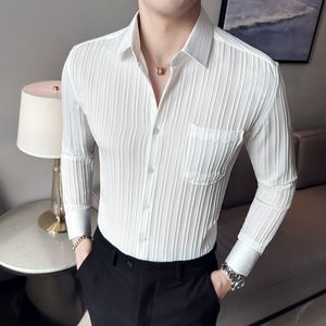 A primavera e o verão masculino de camisa coreana casual high stripe slim cor sólido botão de lapela simples camisa m-3xl